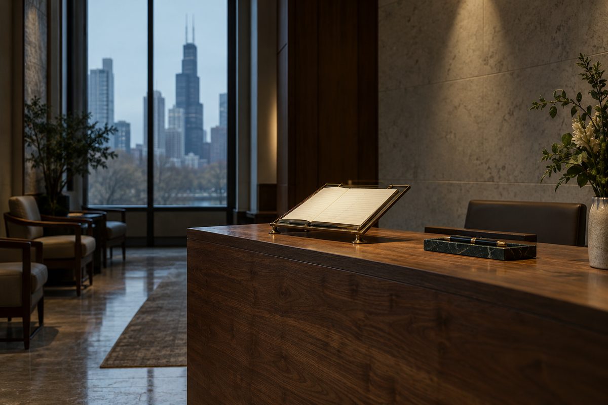 Private reception intake counter and appointment arrival desk at the LaSalle Street dental office.