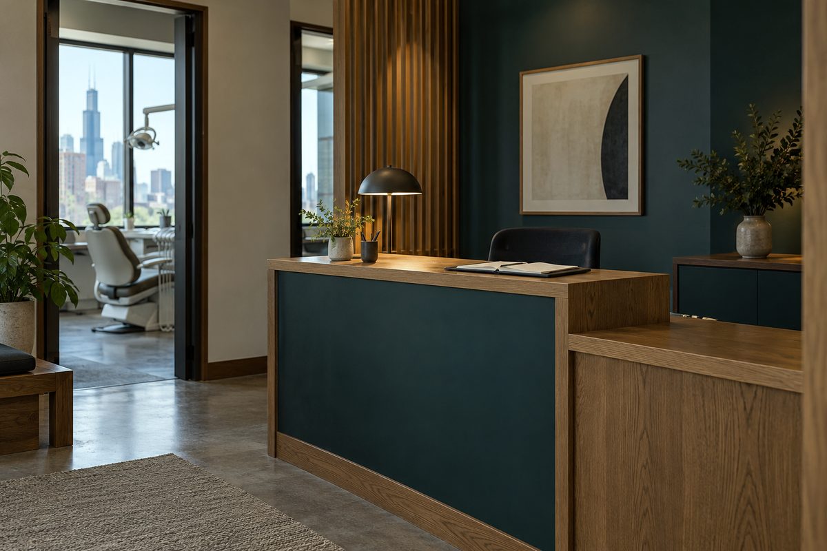 Quiet minimalist reception desk and check-in area at Orlinexan dental office in Chicago.