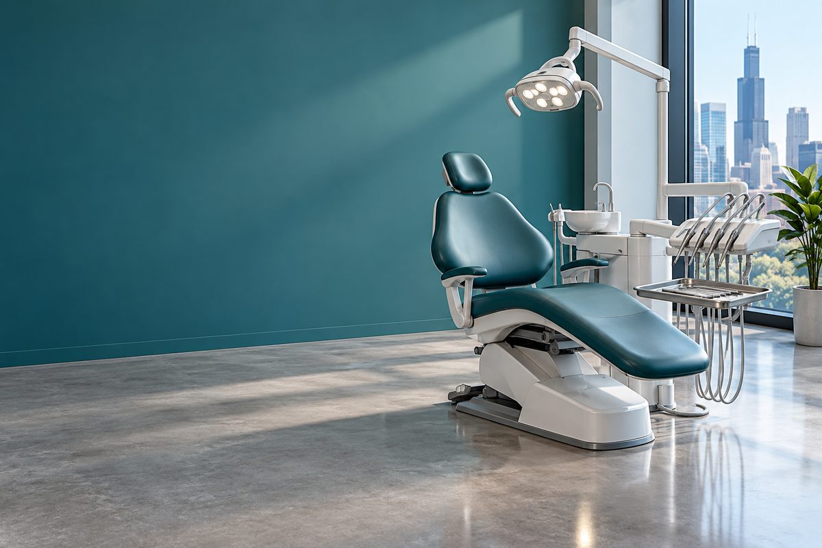 Modern dental examination operatory at Orlinexan on LaSalle Street Chicago with clean chair and diffuse window daylight.