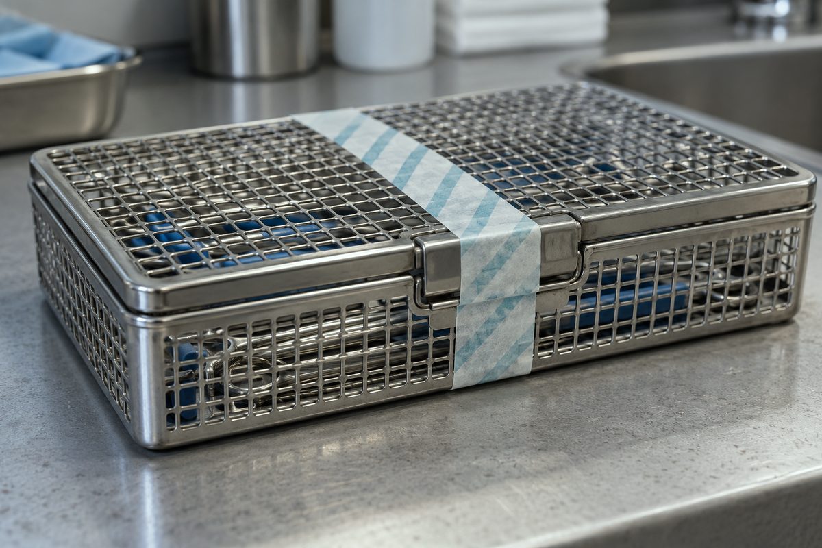 Sealed stainless steel dental instrument sterilization cassette showing verified sterile processing indicator.
