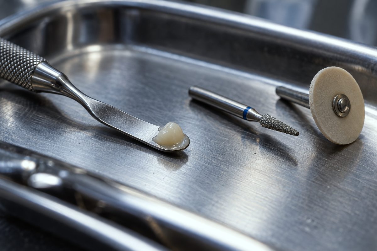 Close-up macro view of dental composite filling material and finishing burs on a stainless steel clinical tray.