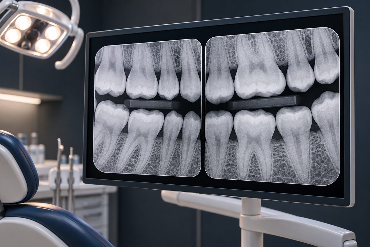 High-resolution digital bitewing radiographs presented on an operatory monitor for patient fee consultation.