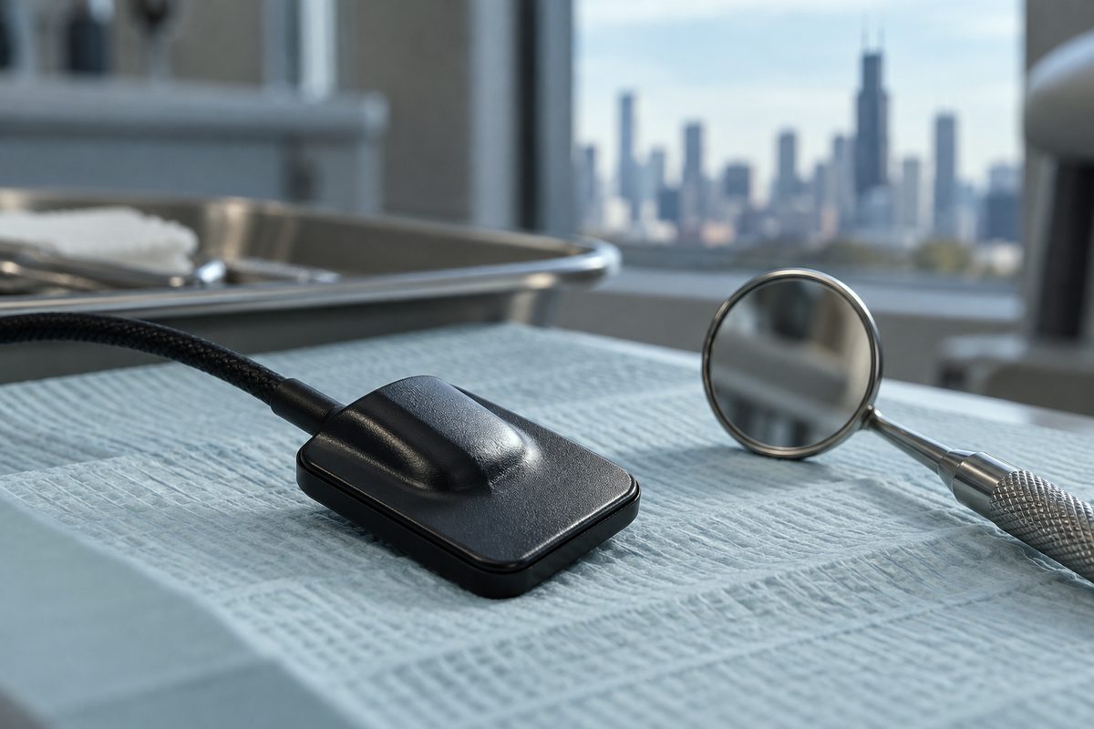 Digital intraoral dental X-ray sensor and mouth mirror resting on a sterile dental work surface.