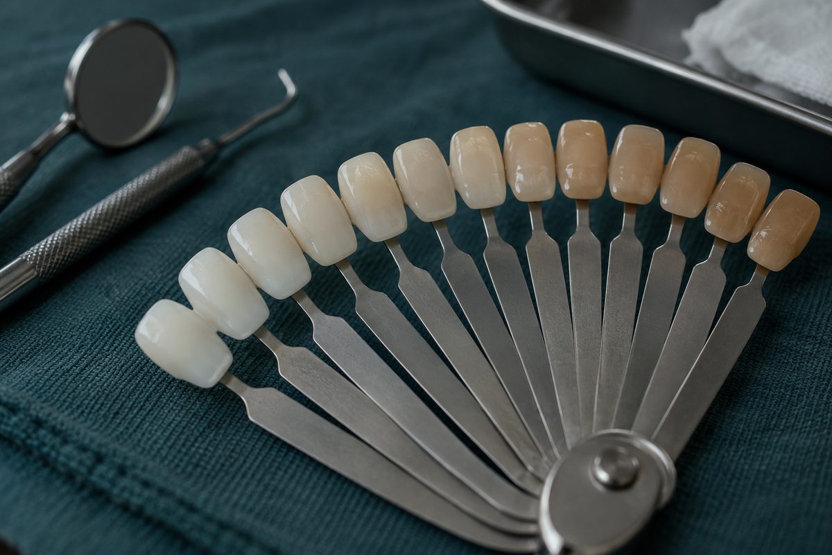 Clinical dental tooth shade tabs used for custom composite resin restorative color matching.