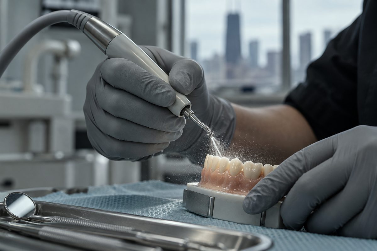 Gloved dental practitioner hands calibrating an ultrasonic scaler handpiece for a routine hygiene visit.