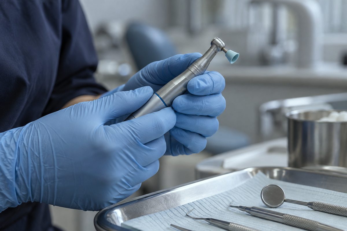 Dental clinician holding a low-speed polishing handpiece for tooth restoration finishing.